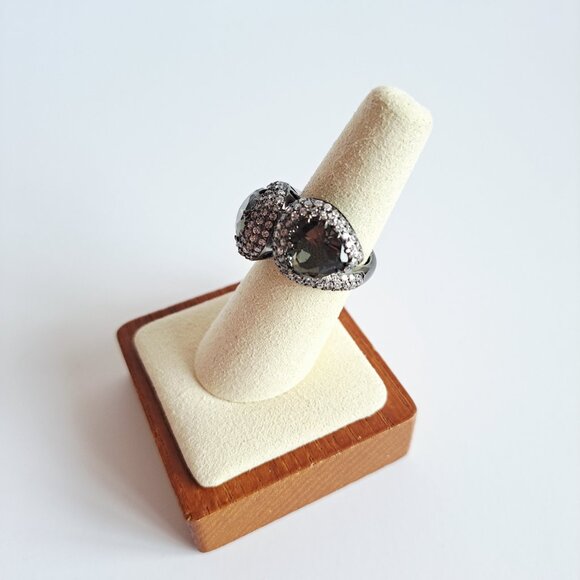 New Sterling Silver Double Smoky Quartz Heart Cubic Zirconia Ring Size 7 - Picture 8 of 12